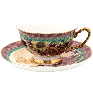 Clayre & Eef Kop en schotel 200 ml Paars Porselein Vlinder Servies