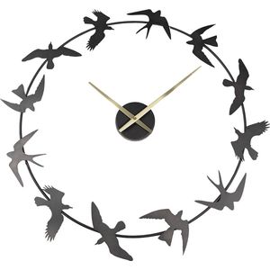 Clayre & Eef Wandklok 69x66 cm Zwart Ijzer Rond Vogels Muurklok