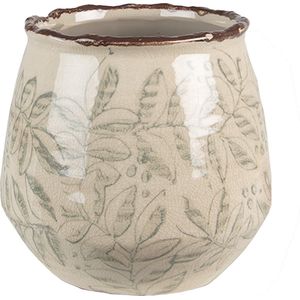 Clayre & Eef Bloempot Ø 14x13 cm Groen Beige Keramiek Bladeren Bloempot binnen