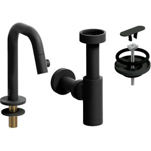 Clou fonteinkraan en afvoerset en sifon koudwaterkraan met sifon en afvoerplug mat zwart