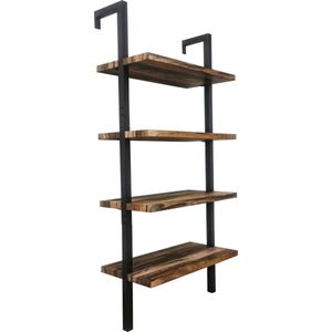 Wandkast Wandrek Ladder Stoer Metaal Hout Industrieel Design Open Boekenkast 152 cm Hoog Zwart