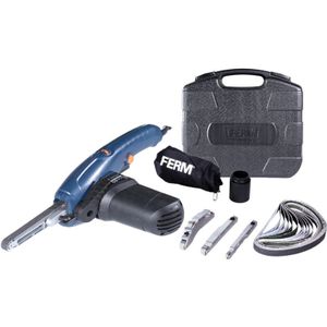 FERM - EFM1001 - Precisie Bandschuurmachine - 400W - Variabele - bandsnelheid: - 1070-1650m/min - Snel wissel systeem - 3m kabel - Met - 3 schuurarmen - 8mm - 13mm - Boog - 12 schuurbanden - Stofopvangzak - Stofzuigeradapter - Robuuste opbergkoffer