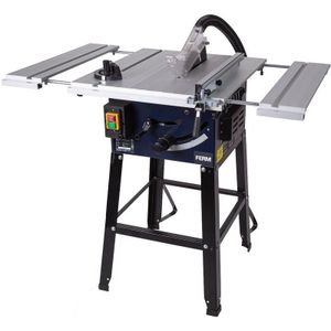FERM - TSM1033 - Zaagtafel - 250mm - 1800W - Op - Onderstel - Uitschuifbaar aluminium werkblad - In hoogte en hoek verstelbaar zaagblad - Incl. - TCT T40 250mm zaagblad - Verstek geleider - Parallel geleider - Duwstok - Veiligheidsbril