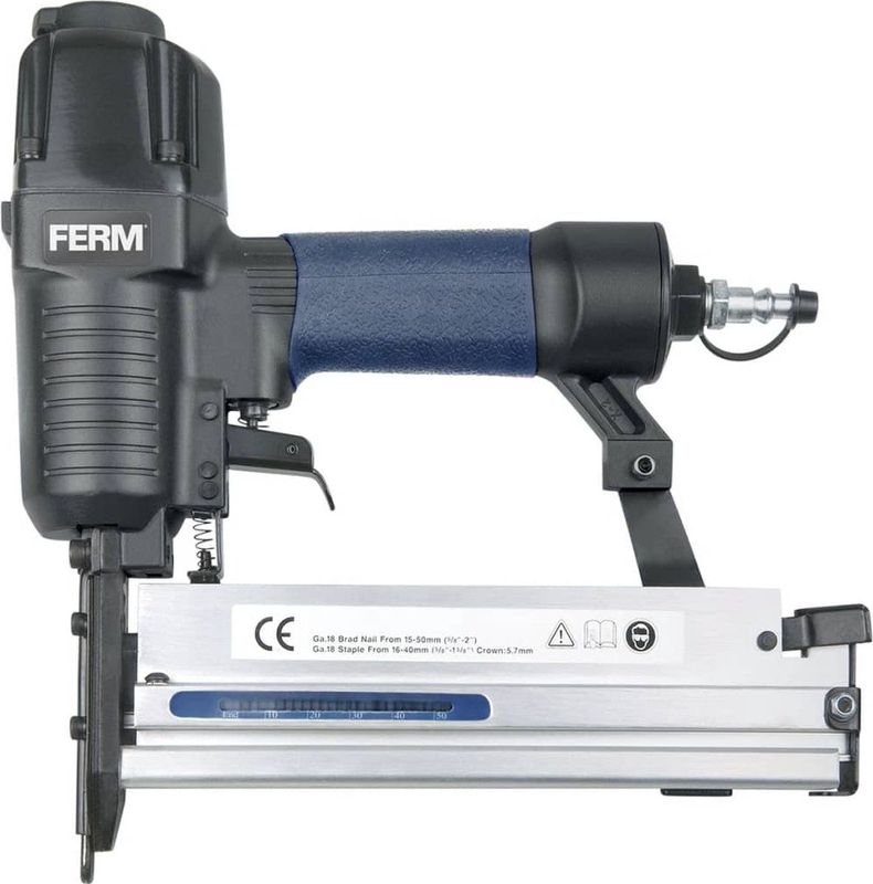 Ferm ATM1051 Pneumatische Tacker - DIN en Orion - inclusief 300 spijkers (15-50mm), 100 Nietjes (60-40mm) en Opbergkoffer
