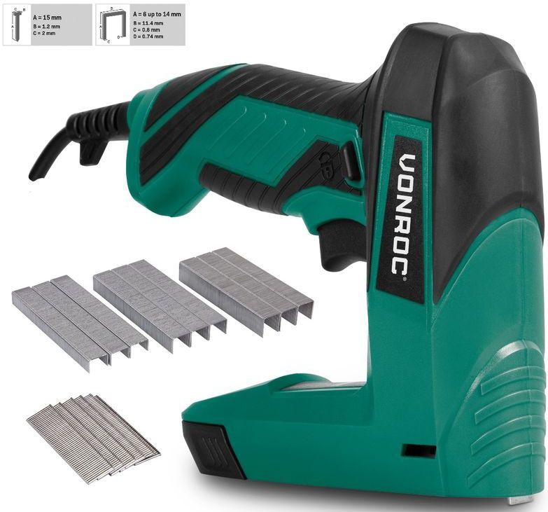 VONROC Elektrische Tacker – Complete set Incl. 900 nieten & 300 spijkers - schietfrequentie: 30/min