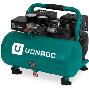 VONROC PRO Stille Compressor - Olievrij - 750W - 1PK - 128 l/min. – 6 Liter – 8 Bar – 57,5dB(A) – Silent – Low noise - Groen