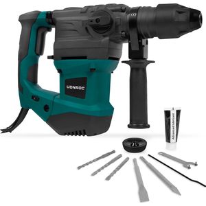 VONROC Boorhamer 1500W – 6 Joule – Instelbare snelheid - SDS plus – 4 Functies – Incl. boren & beitels