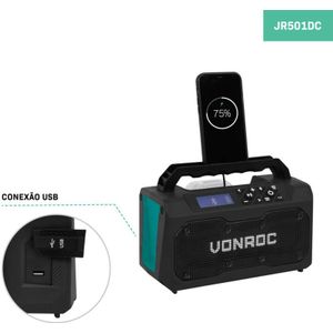 VONROC Accu Bouwradio - 20V - FM - Bluetooth - USB - Zonder Accu en Snellader