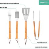 VONROC BBQ gereedschap - 4-delig - Incl. Tang, vork, spatel en borstel - RVS & Bamboe - 40 cm