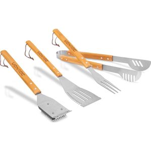 VONROC BBQ gereedschap - 4-delig - Incl. Tang, vork, spatel en borstel - RVS & Bamboe - 40 cm