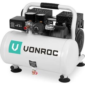 VONROC Stille Compressor - Olievrij - 750W - 1PK - 128 l/min. – 6 Liter – 8 Bar – 57,5dB(A) – Silent – Low noise - Wit
