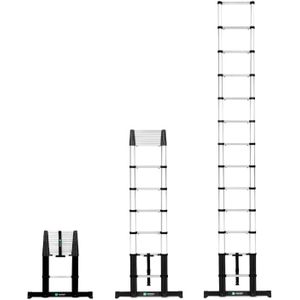 VONROC Professionele telescopische ladder 3,8 m 2023, uittrekbare ladder aluminium ladder inklapbaar - uittrekbare ladder van aluminium - extra licht, antislip, stabilisatoren en softclose - conform