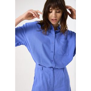 GARCIA - Blouse - Blauw - Viscose/Linnen - Korte Mouwen - Borstzakje