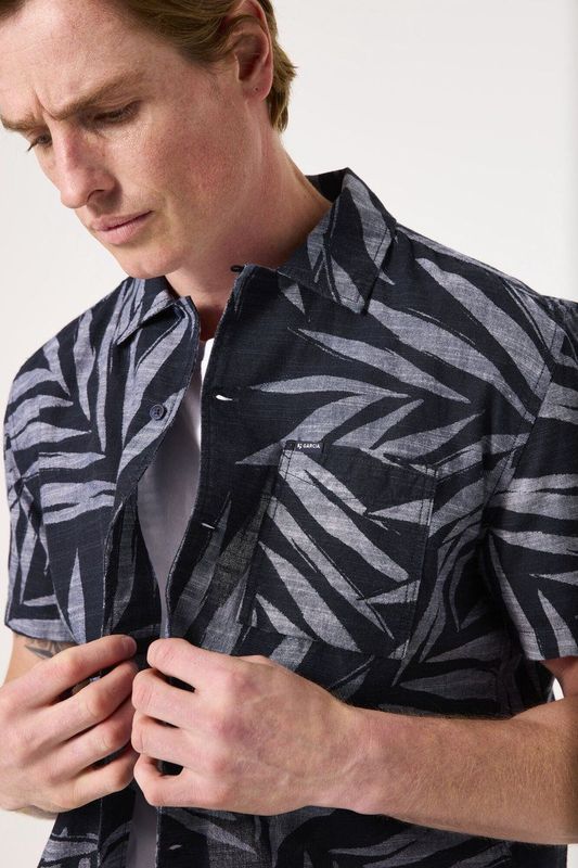 GARCIA Overhemd - Blauw - Katoenen Chambray - Korte Mouwen