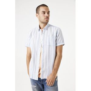 GARCIA - Overhemd - Blauw - Katoen en Linnenmix - Gestreept met Borstzakje