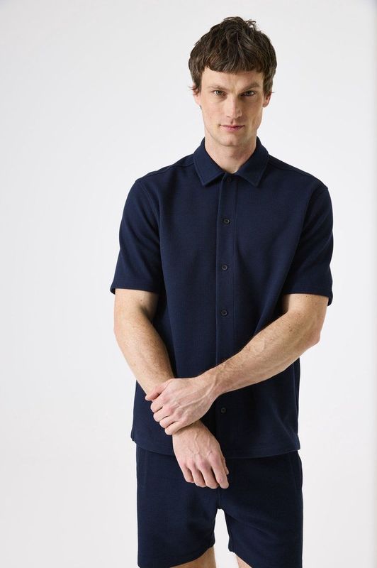 GARCIA Overhemd - Blauw - Korte Mouw - Waffelstructuur - 59% Katoen
