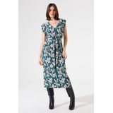 Jurk - Midi - V-hals - Korte Pofmouwen - 51% Modal - 44% Polyester - 5% Elastaan
