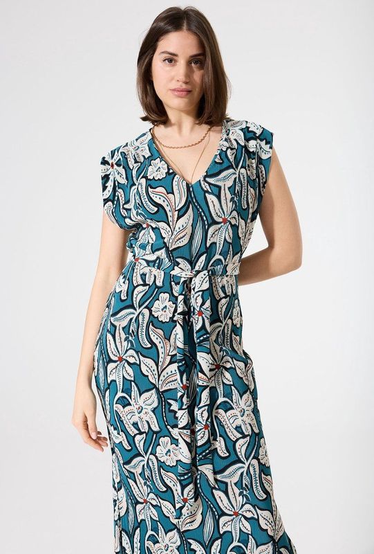 Jurk - Midi - V-hals - Korte Pofmouwen - 51% Modal - 44% Polyester - 5% Elastaan