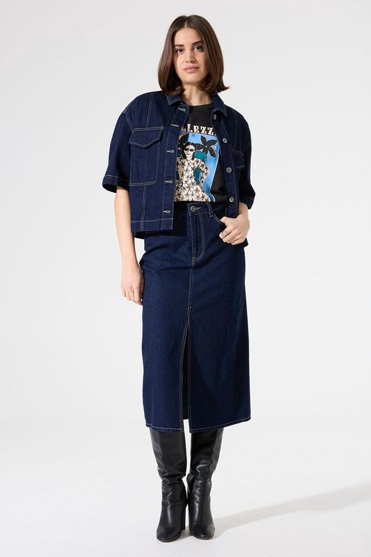 GARCIA - Rok - Blauw - Katoen - Hoge Taille, Knoop- en Ritssluiting