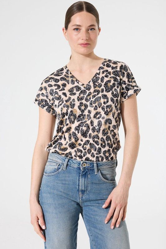 GARCIA - Luipaardprint T-shirt - Bruin - Gerecycled Polyester en Viscose