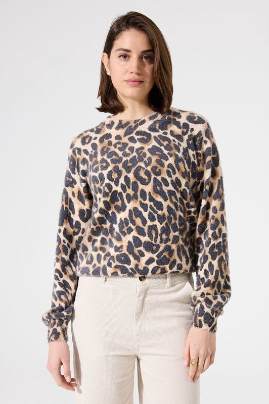 GARCIA - Luipaardprint Trui - Bruin - 72% Polyamide, 18% Viscose, 10% Polyester