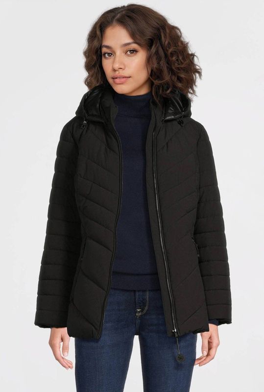 District - KAPRUN - Damesjas - Zwart - Imitatiedonsjack met Verstelbare Afneembare Capuchon