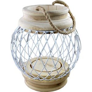 lantaarn/windlicht voor binnen - combi van hout metaal  D28xH43cm - stoere lantaarn - kandelaar - tafellantaarn - kaarsenhouder - tafel lamp