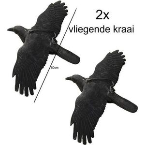 2x vliegende kraaien - duivenverschrikker - Halloween decoratie - vliegende geflockte nep kraai van ProLoo - vleugelbreedte 80cm - 44x80cm - vogelverjager