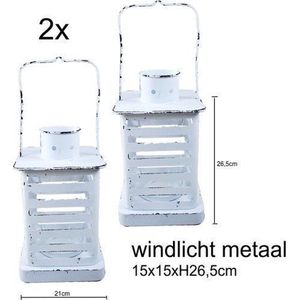 Lantaarn metaal vierkant - windlicht met glas 15x15xH26.5cm wit - 2 stuks - tuin lantaarn - tafellantaarn -