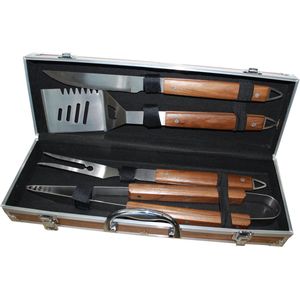 S'MART LUXE BBQ set/4, Barbecue gereedschapset Tang, spatel, vork, mes RVS met geolied walnoothouten handgreep in luxe koffer