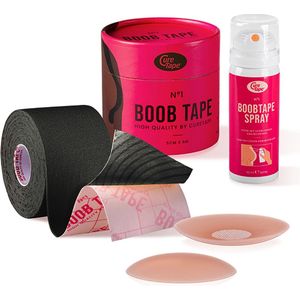 BoobTape No.1 - Complete Set: ZWARTE Boob Tape + Boob Tape Remover + herbruikbare silicone Nipple Covers