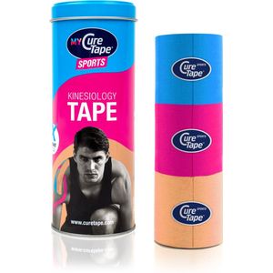 CureTape - Sports - Koker met 3 Rollen - Blauw, Pink, Beige - Extra Kleefkracht