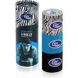 CureTape® Safari Stripes - Kinesiotape - Zebra, Zwart en Blauw - Koker met 3 Rollen