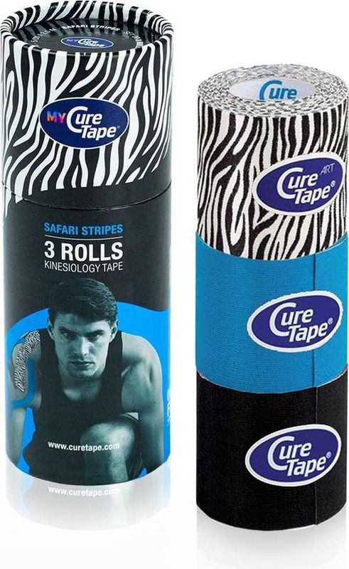 CureTape® Safari Stripes - Kinesiotape - Zebra, Zwart en Blauw - Koker met 3 Rollen