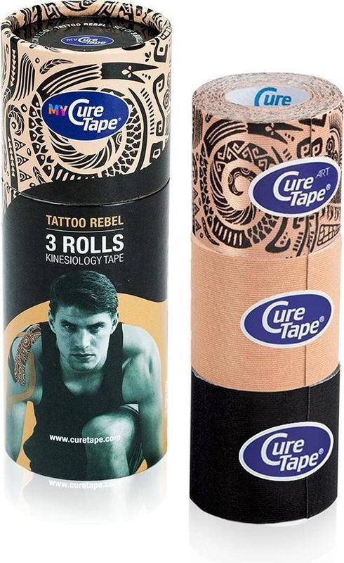 My CureTape® Tattoo Rebel, koker met 3 rollen - Tattoo, zwart en beige - Kinesiotape - FysioTape