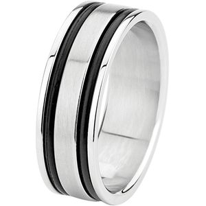 Lucardi Heren Ring met zwarte accenten - Ring - Cadeau - Staal - Zilverkleurig
