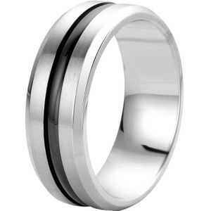 Lucardi Heren Ring met zwarte band Ring Staal Zilverkleurig