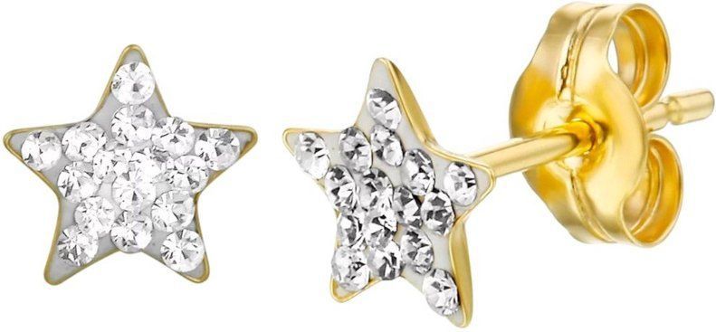 Lucardi Meisjes Oorknop - Ster - Kristal - Cadeau - 14 Karaat Goud - Geelgoud