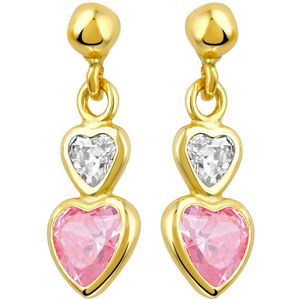 Lucardi Kinderen Oorbellen hart roze zirkonia - Oorbellen - Cadeau - 14 Karaat Goud - Geelgoud