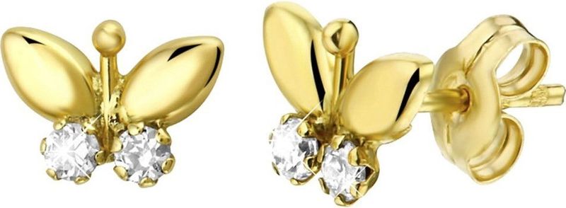 Lucardi Meisjes Oorknop - Dier - Zirkonia - Cadeau - 14 Karaat Goud - Geelgoud