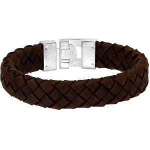 Lucardi Heren armband met gevlochten leer - Staal - Armband - Cadeau - 21 cm - Donkerbruin