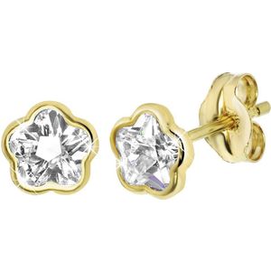 Lucardi Meisjes Oorknop - Vijfhoek - Zirkonia - Cadeau - 14 Karaat Goud - Geelgoud