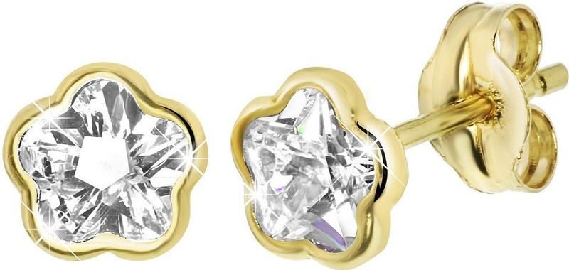 Lucardi Meisjes Oorknop - Vijfhoek - Zirkonia - Cadeau - 14 Karaat Goud - Geelgoud