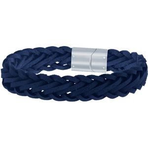 Lucardi Heren Armband gevlochten leer donker blauw - Leer - Armband - Vaderdag Cadeau - 22 cm - Zilverkleurig