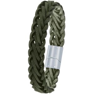 Stalen herenarmband gevlochten leer donkergroen