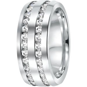 Lucardi Dames Ring 2 rijen met zirkonia - Ring - Cadeau - Staal - Zilverkleurig