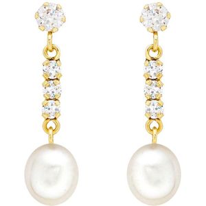 Lucardi Dames 9 Karaat oorrhangers met zirkonia en parel - Oorbellen - 9 Karaat - Goudkleurig