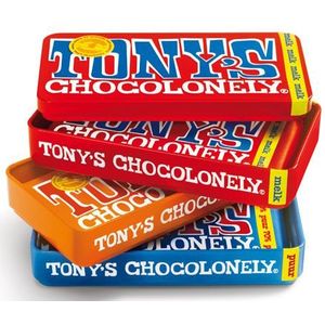 Tony's Chocolonely Stapelblik Cadeau - 3 Chocolade Repen Melk, Puur, Karamel Zeezout - 3 x 180 gram