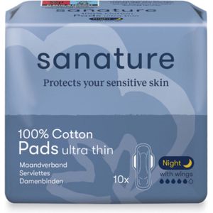 Sanature - 100% Katoenen Maandverband Ultra Night met vleugels voor de gevoelige huid