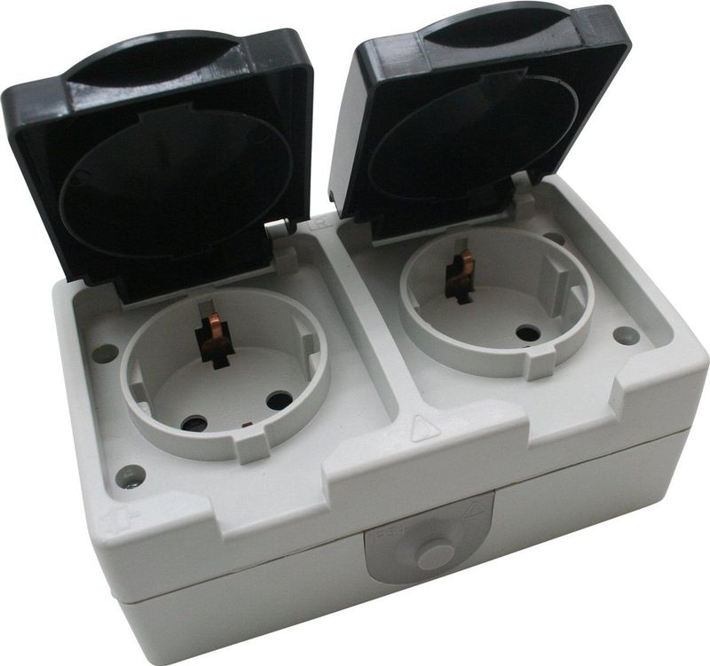 Benson Spatwaterdichte dubbele wandcontactdoos met deksel en randaarde - opbouw - IP44